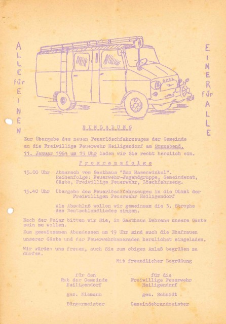 Die Einladung zur Fahrzeugübergabe des Löschgruppenfahrzeug LF 8 leicht - Opel Blitz am 15.01.1964, Foto: Freiwillige Feuerwehr Heiligendorf