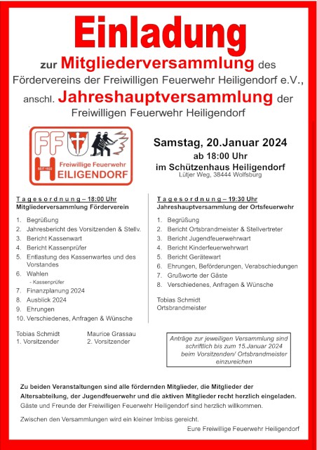 Einladung zur Mitglieder- und zur Jahreshauptversammlung 2024, Freiwillige Feuerwehr Heiligendorf