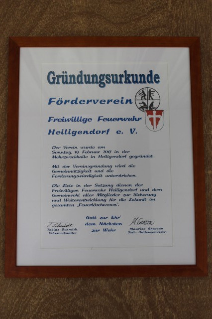 Die Gründungsurkunde des Fördervereins Freiwillige Feuerwehr Heiligendorf e.V., Foto: Freiwillige Feuerwehr Heiligendorf