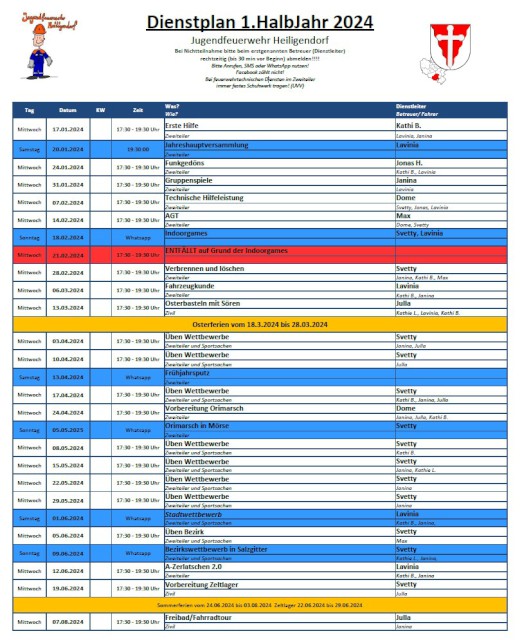 Der Dienstplan für das 1. Halbjahr 2024