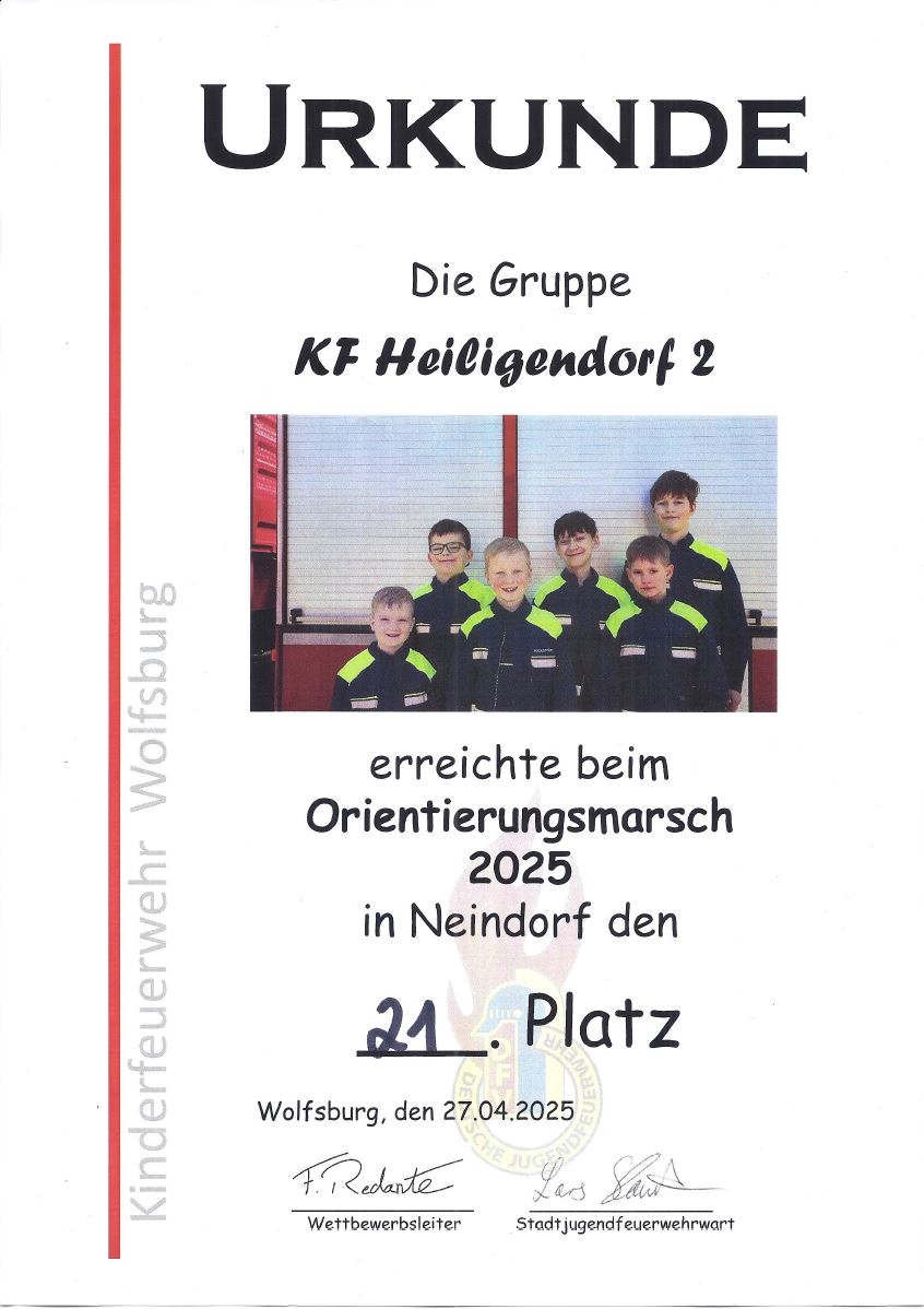 Urkunde Platz 21 beim Orientierungsmarsch rund um Neindorf, Foto: Freiwillige Feuerwehr Heiligendorf