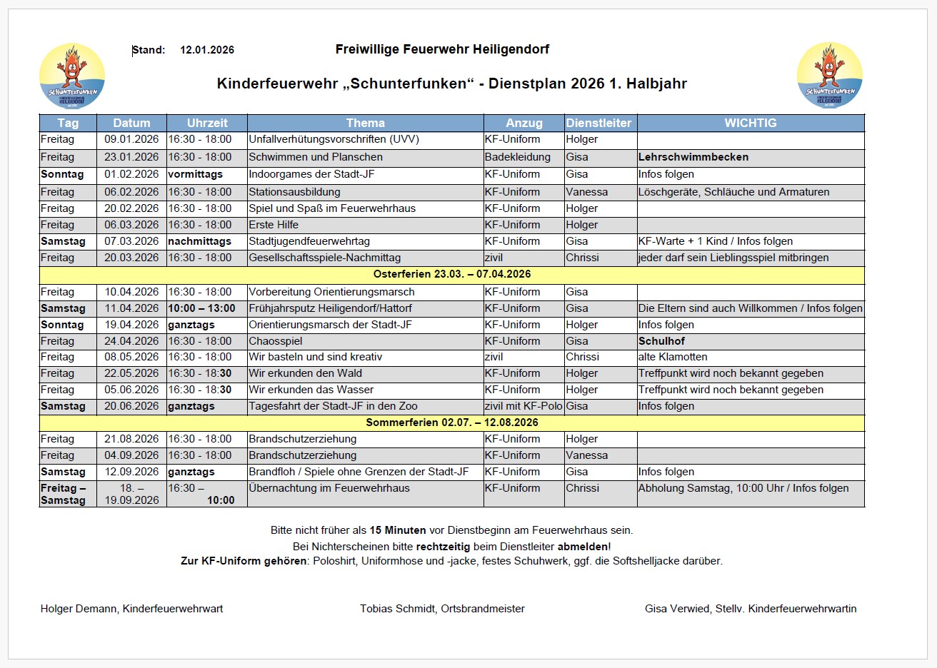 Der Dienstplan der Schunterfunken für das 1. Halbjahr 2026